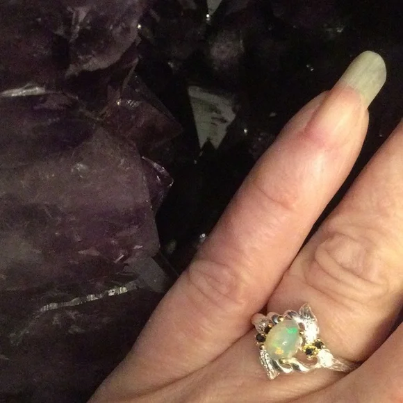 Amazing Genuine  Fiery Opal Ring with Sapphires - Picture 9 of 11